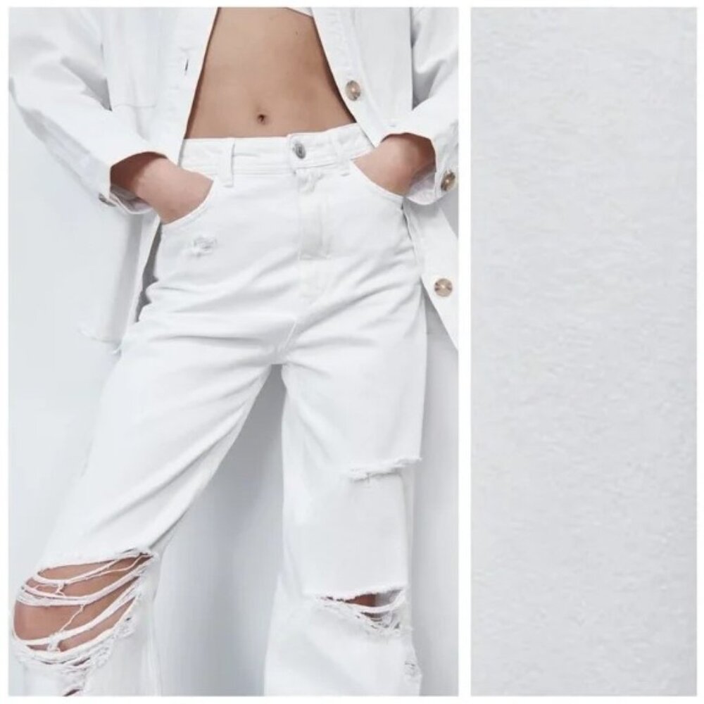 NWT Zara White Wide Leg Full Length Ripped Jeans SZ 8 Super High Rise Distressed - Picture 5 of 12